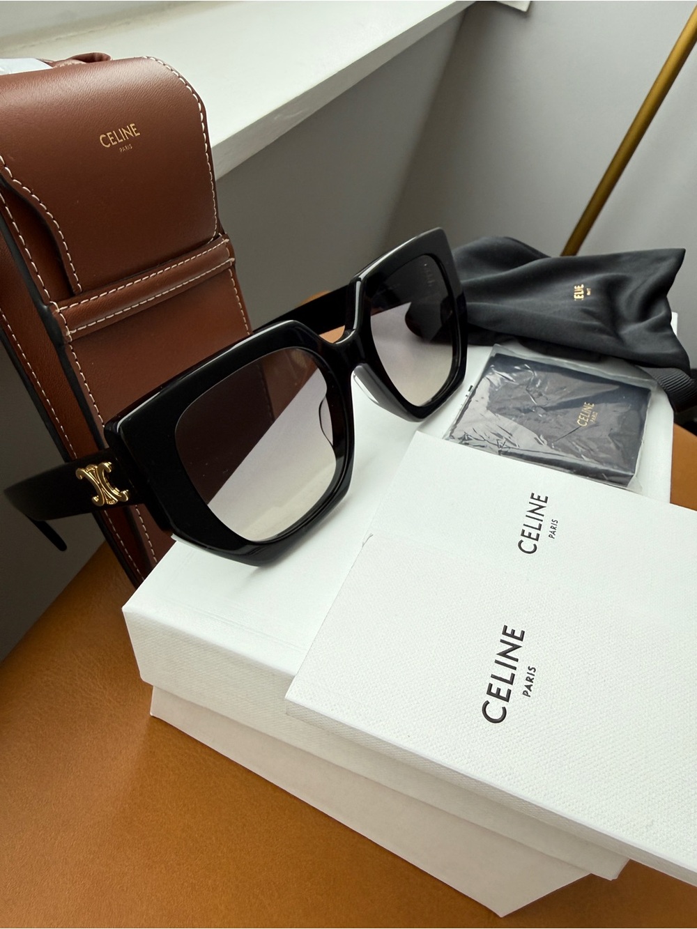 Celine Black Square Acetate Sunglasses with Gold Triomphe Emblem - Picture 2 of 6